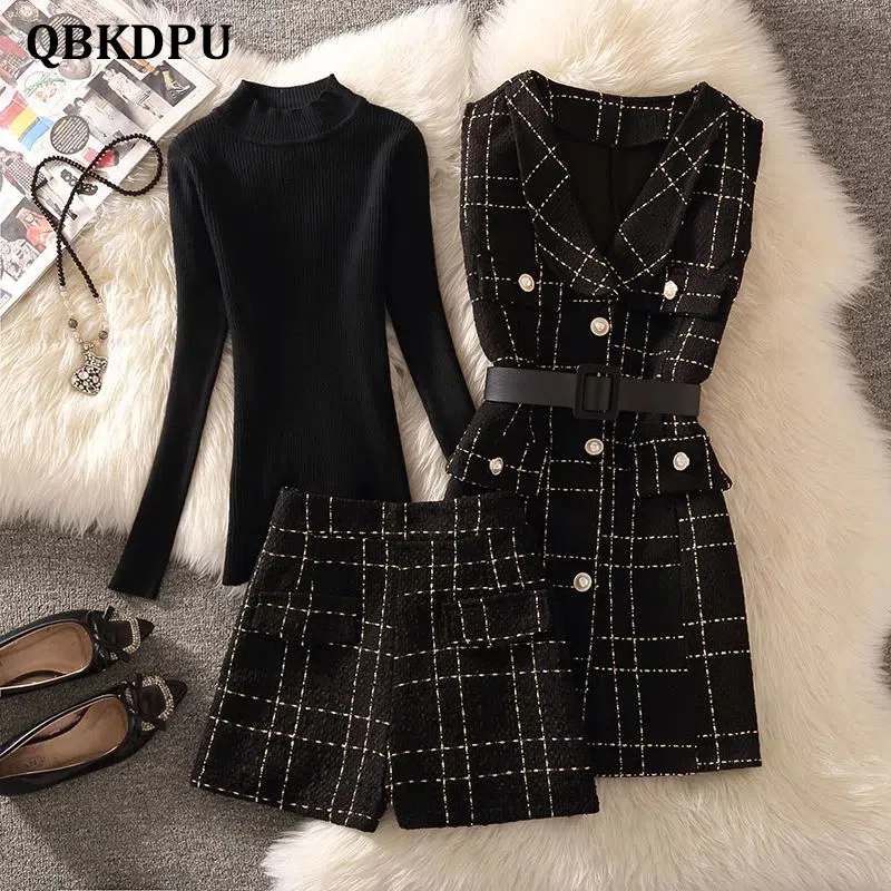 

Vintage Design Plaid Tweed 3 Piece Set Women Elegant Belted Mid-Length Vest Jacket + Shorts Pant + Knitted Sweater Korean Suit