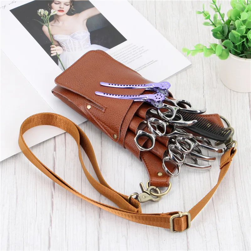 6 Pocket Cowhide Hair Scissors Bag Hair Scissors Storage Holder Hairdressing Shears Holder Bag Professional Barber Salon Tool