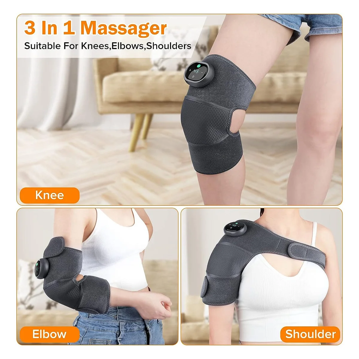 Heating Knee Massager, Knee Shoulder Elbow 3-In-1Heating Vibration Massager, Portable Compress Massager for Pain Relief