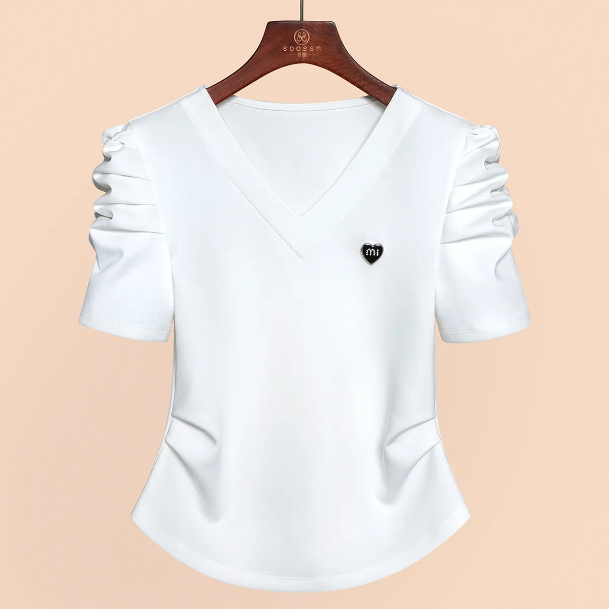 2025 Summer Women's French V-Neck Bubble Sleeve White Tee Pleated Slim Fit Tops Breathable Casual Shirt Flattering Tummy Control