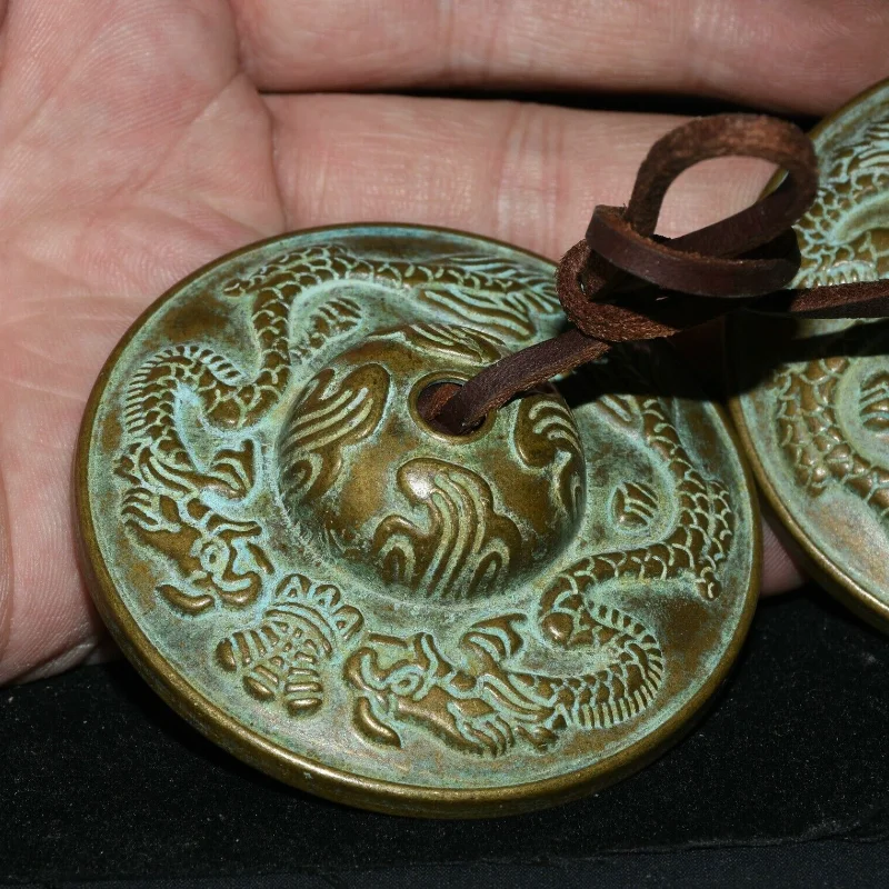6.5cm Chinese Bronze Double Dragon Tingsha Cymbals Handmade Percussion Musical Instrument Feng Shui Meditation Decor