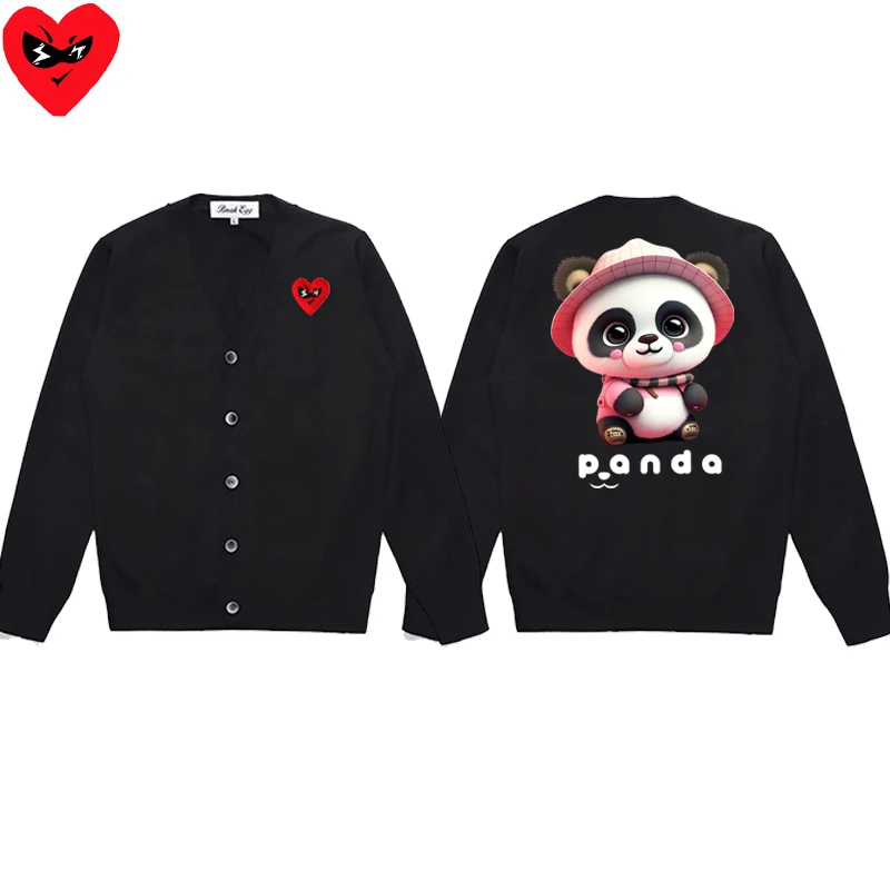 Pink Cute Pandas Cartoon Print Men Cardigan Cotton Red Cute Glasses Heart Embroidery V-Neck Single Breasted Autumn Fit Sweater