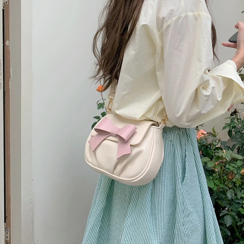 Ladies Ruched Cloud Bag Women PU Leather Bag Fashion Shoulder Bag Female Bowknot Crossbody Bag Casual Bag E74B
