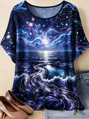 Women Starry Night Floral Rose Print T‑Shirt Short Sleeve Crew Neck Casual Loose Summer Daily Tops