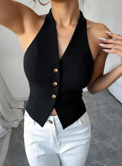 気質ハンギングネックベスト 2025 夏 セクシー バックレス キャミソール カーディガン レディース