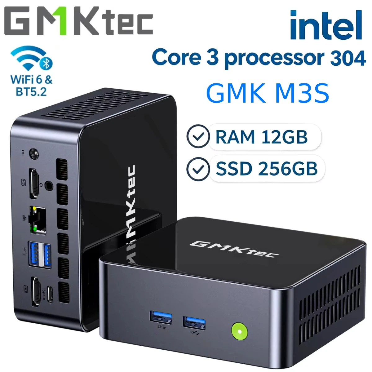 GMKtec M3S 미니 PC 인텔 ®   코어 ™   3 프로세서, 304, 12GB RAM, 512GB SSD, 데스크톱 미니 컴퓨터, Wi-Fi 6/BT 5.2, 트리플 4K 디스플레이
