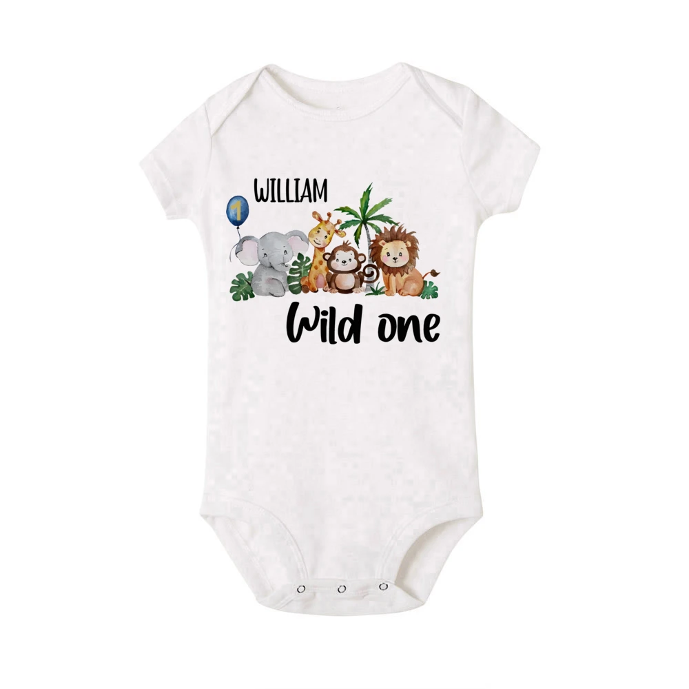 Custom Name Wild ONE&Animal Print Infant Bodysuit Personalized Birthday Short Sleeve Baby Romper Birthday Boy Clothes