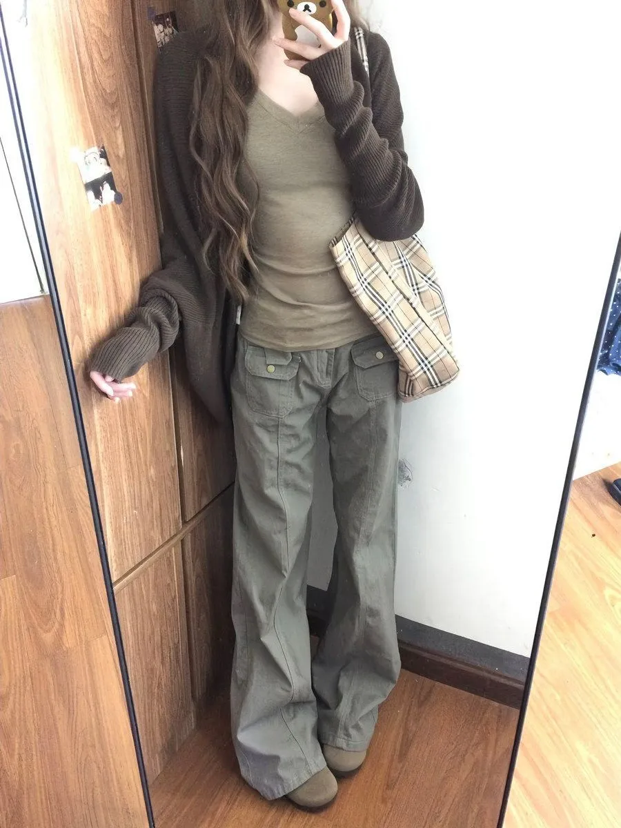 American Style Low Waist Bell Bottom Grey Denim Jeans Women's Loose Fitting Slimming Floor Length Straight Leg Pants