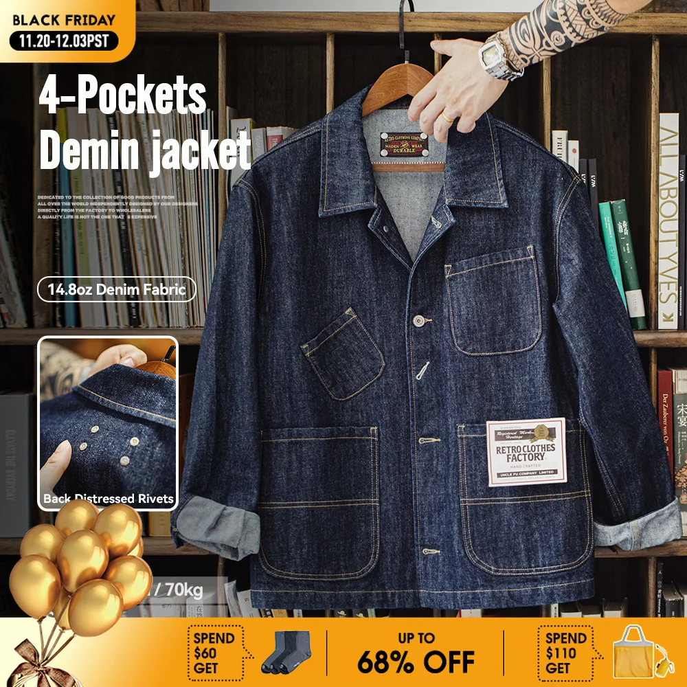 

Maden Vintage Asymmetrical Four-pocket 14oz Denim Jacket Lapel Single-breasted Jacket Navy Blue Cotton Work Coat for Men's Fall