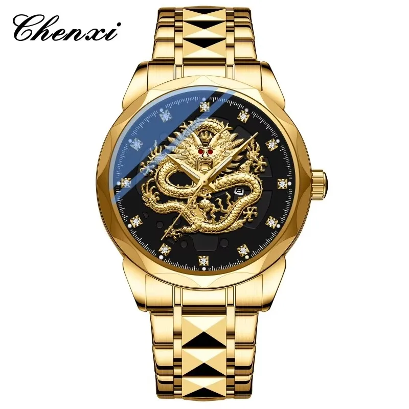 

CHENXI 8282 New Premium Golden Dragon Men's Quartz Watch Waterproof Luminous Calendar Business High Quality Men's Luxury Clock