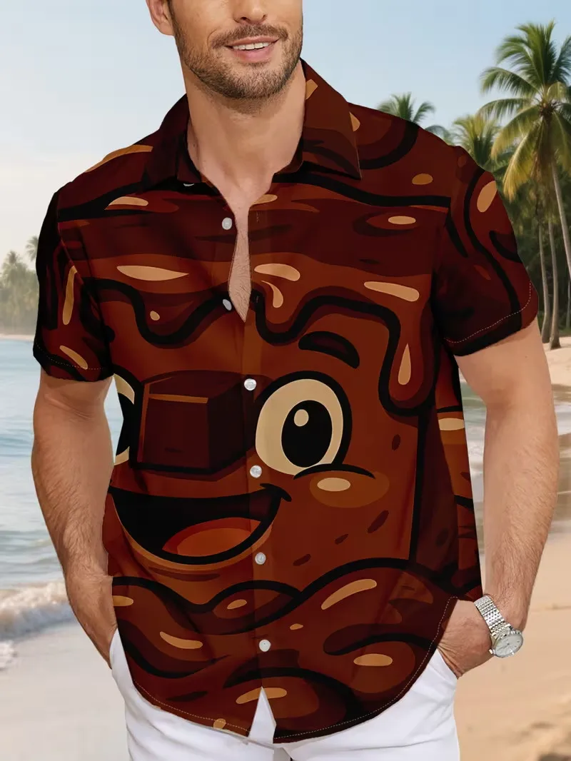 Heart Chocolate Print Hawaiian Shirt For Men Summer Vacation Short Sleeve Button Down Beach Shirts Casual Surfing Shirt Tops
