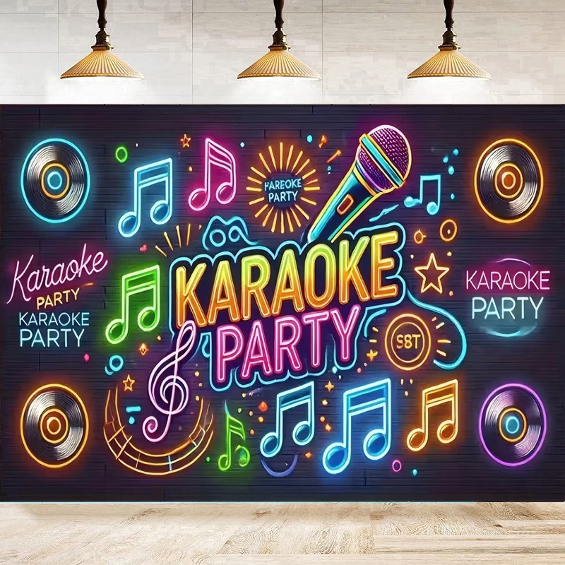 Photography Backdrop Neon Karaoke Party Background wall - Featuring Microphones Music Symbols And The Words Karaoke Party Poster