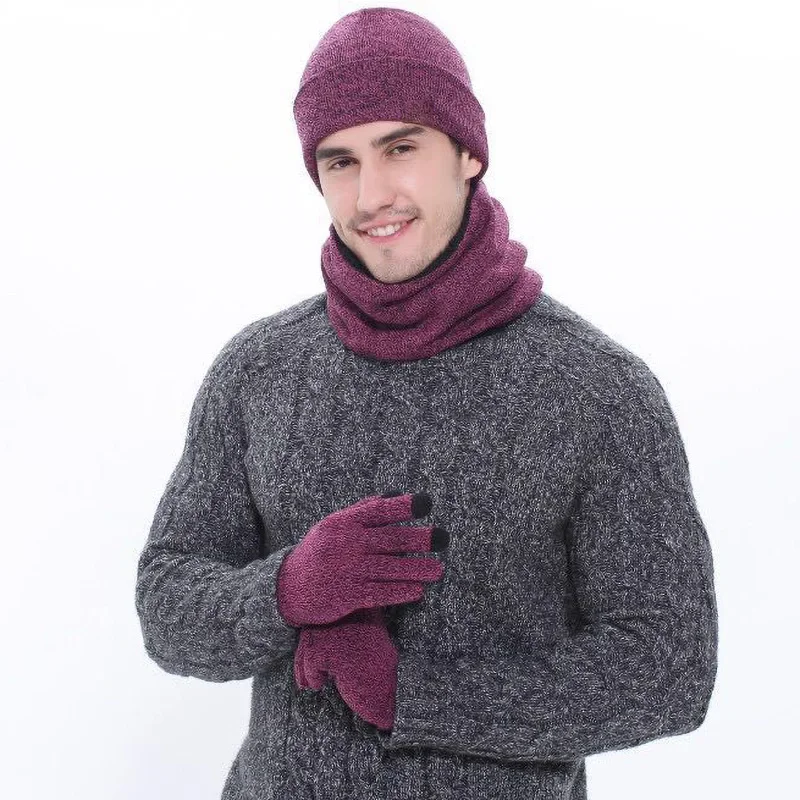 

3-piece Winter Set Hat Scarves Touch Screen Gloves Knitted Warm Men Fashion Thick Velvet Lining Neck Outdoor Riding Sets