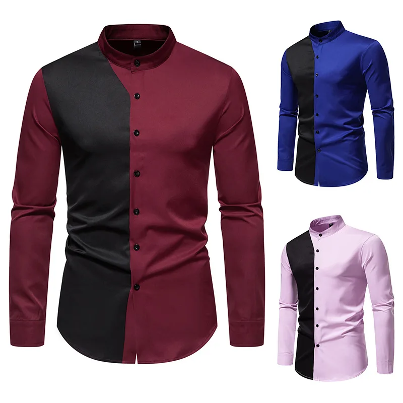 

Autumn new men's loose standing collar color blocking casual long sleeved shirt