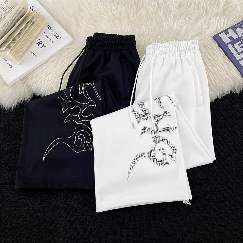 Grey Street Style American Rhinestone Sports Loose Straight Leg Hiphop Casual Wide Leg Long Pants for Men And Women