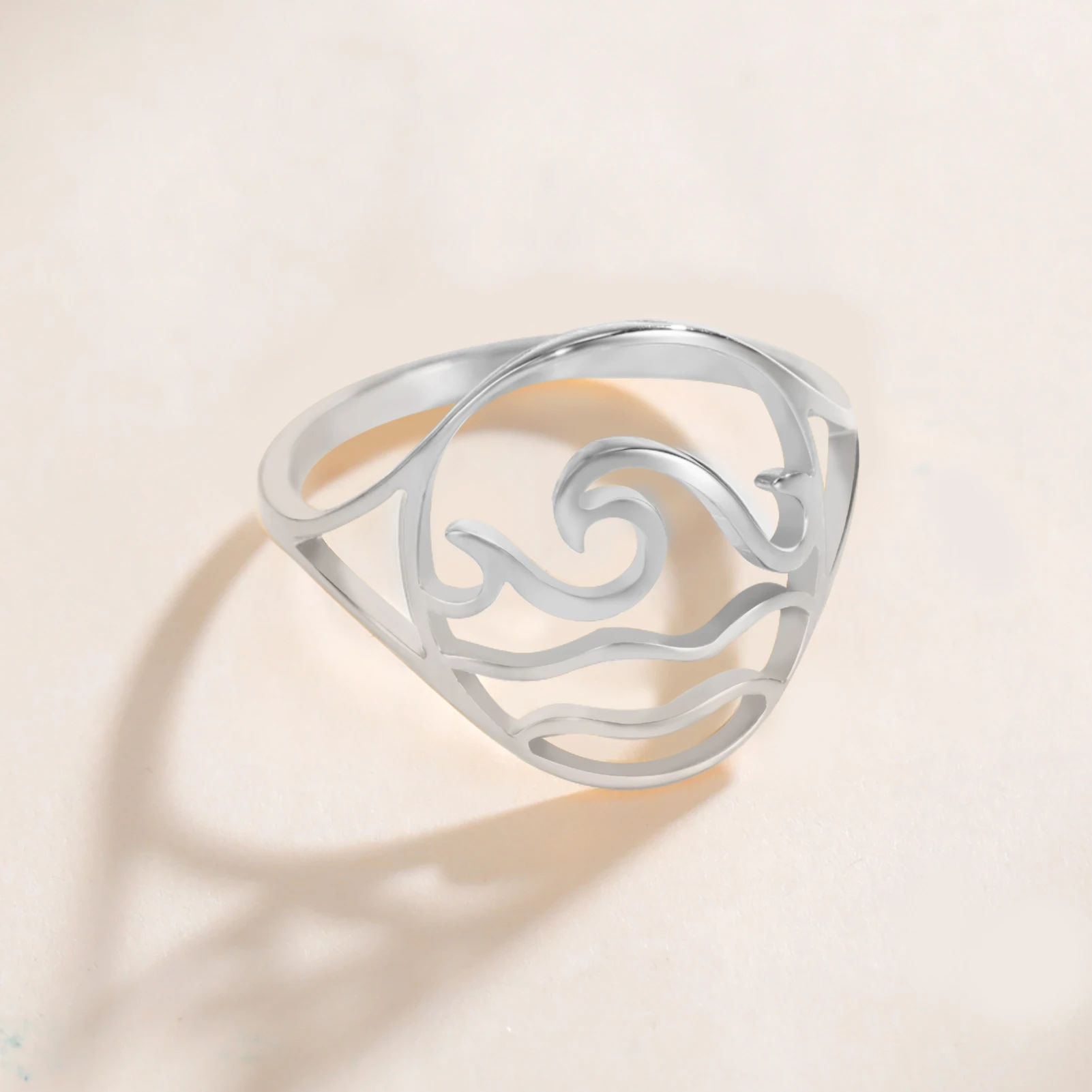 Lucktune Einfache Meereswellen-Ringe für Frauen, Edelstahl, trendige geometrische Ozean-Surf-Fingerringe, Schmuck, Hochzeit, Muttergeschenke – Detail 15