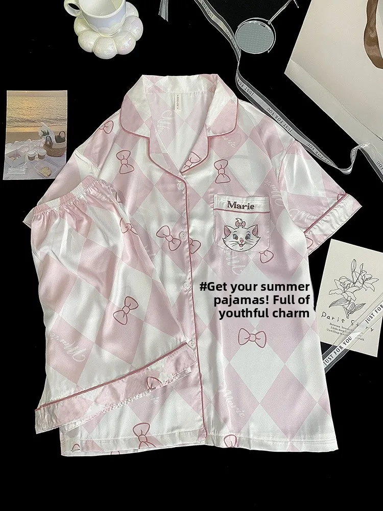 

Mary Summer Ice Silk ort Sve Spwear Women's Home Clothes Set Spring Autumn Sle Sweet Home Leisure Thin Fabric