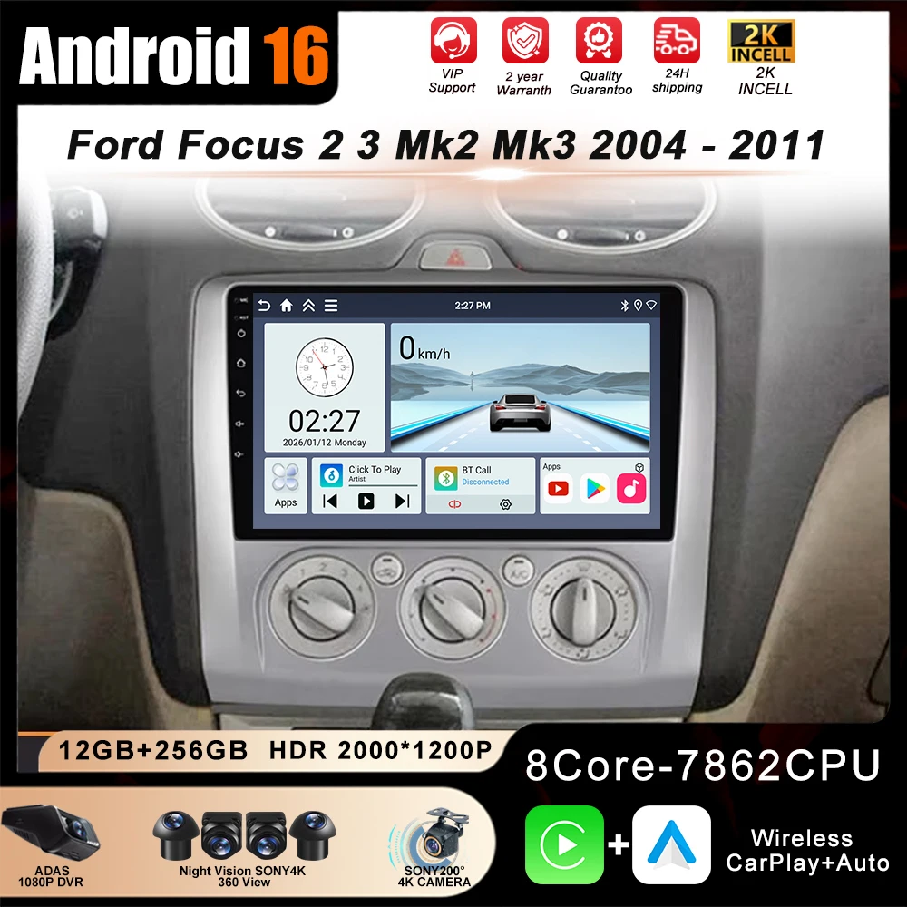 

Автомагнитола Android 16 Carplay Auto для Ford Focus 2 3 Mk2 Mk3 2004-2011 с навигацией, Wi-Fi, 4G, GPS, мультимедийным плеером и экраном 2K