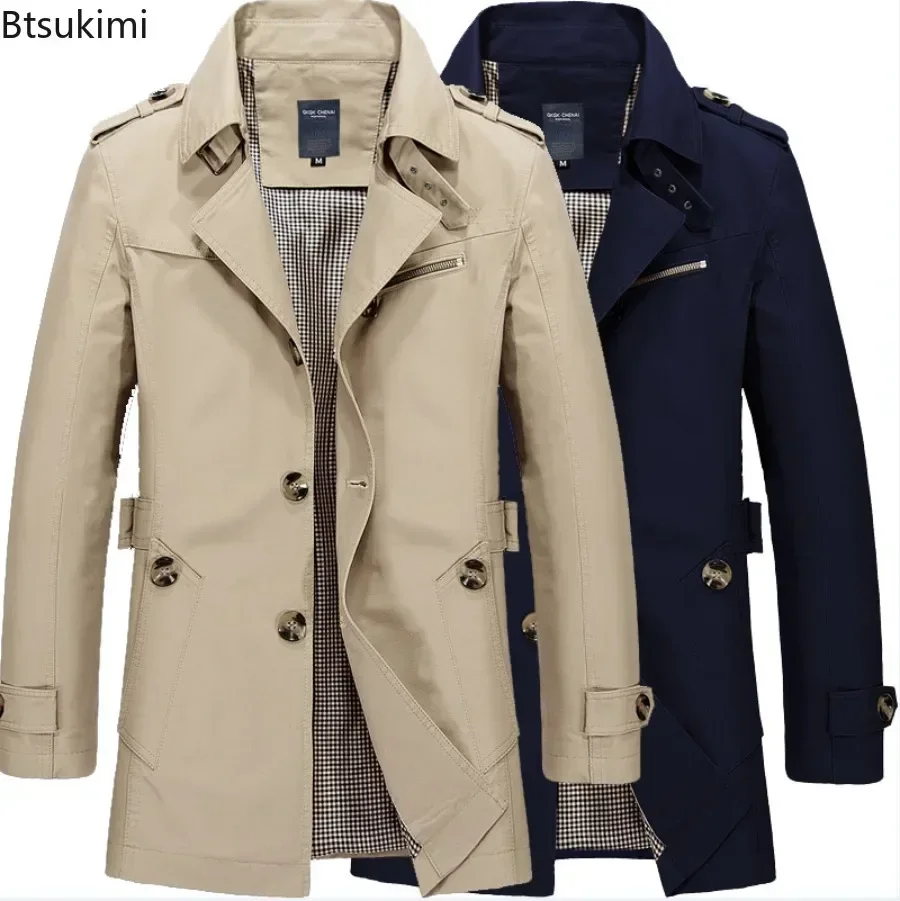 

Fashion New Men Trench Coats 100% Cotton Casual Business Trench Jacket Elegant Male Single Breasted Windbreak Mid-length Jackets