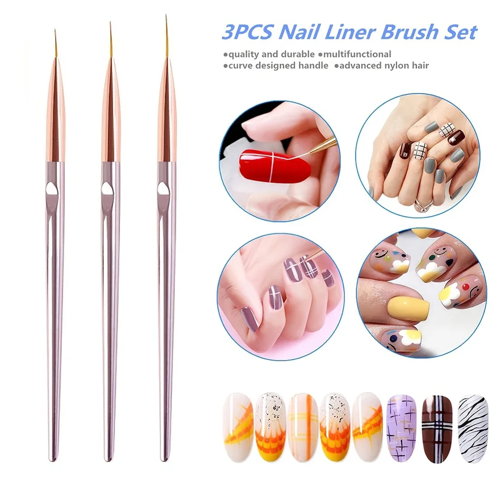 3PCS Acrylic UV Gel Nail Brushes Set DIY Nail Art Liner Brush Stripe Pattern Painting Brush Kits Extension Drawing Carving Pen