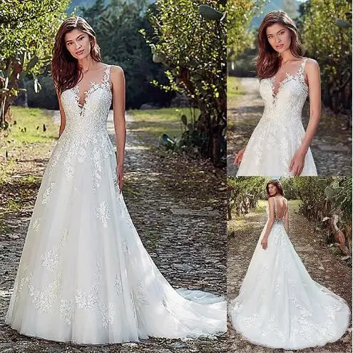 Vestido de novia de línea a con escote de Joya de tul, con apliques de encaje y abalorios, espalda abierta