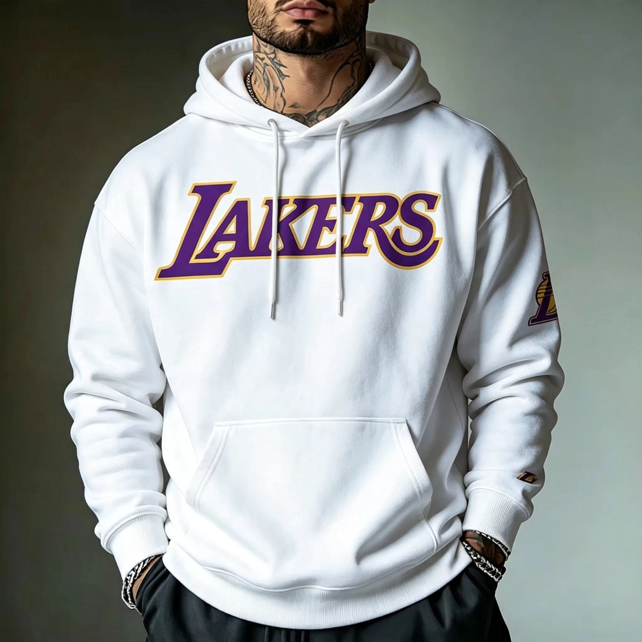 Unisex Lakers Letter Graphic Hoodie Oversized Fleece Lined Pullover Sweatshirt Sports Casual Hip Hop Street Style Hooded Top
