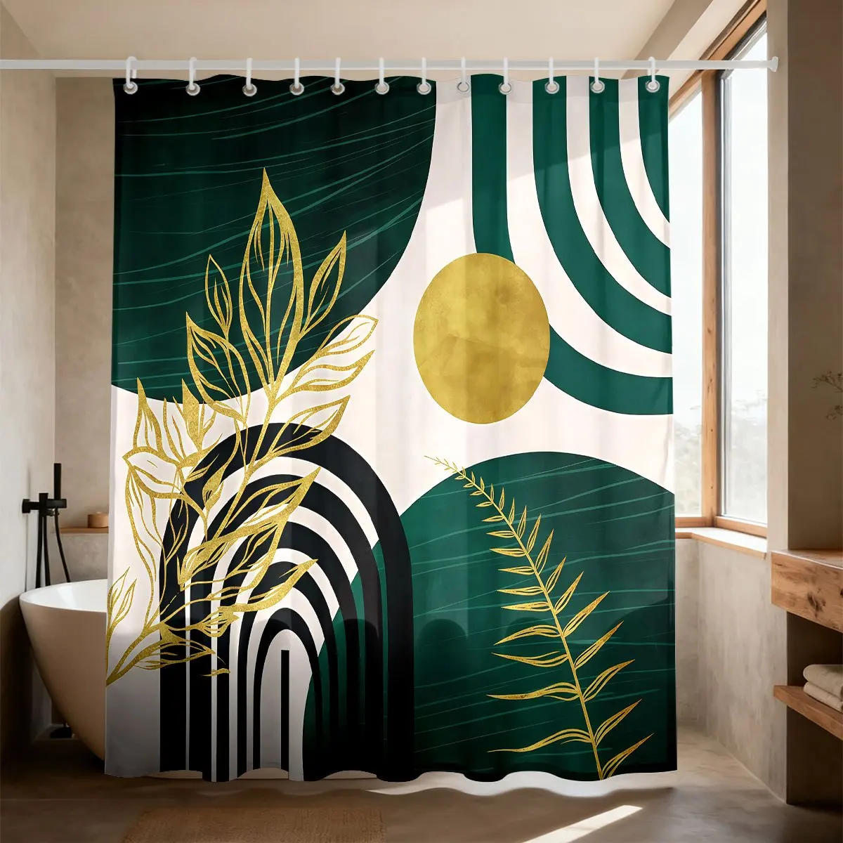 Modern Bohemian Abstract Art Golden Line Leaves Sun & Rainbow Curved Graphic Dark Green White Background Bath curtain