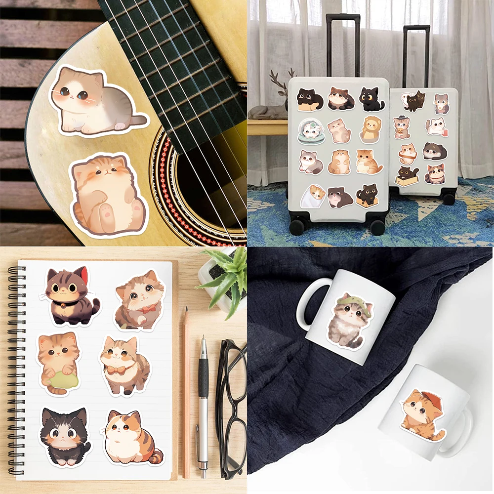 50PCS Kawaii Cat Stickers PVC Cartoon Cute Decals Toy Stationery Guitar Aesthetic Decorations School Supplies For Children