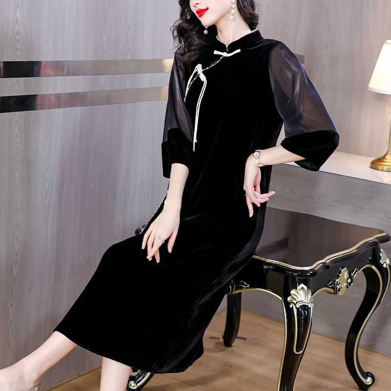 2023 Autumn New Women's Black Silk Gold Velvet Solid Base Dress Vintage Loose Large Mesh Panel Knee Length Qipao Dress