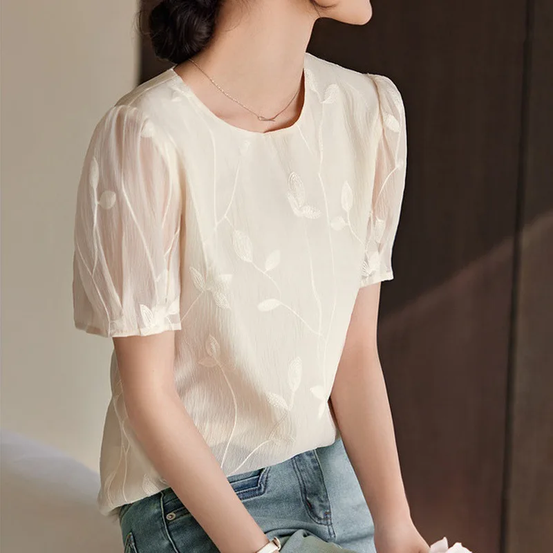 Women Short Sleeve Blouse Chic Summer Clothing 2024 New Korean Style Dongdaemun Female Casual Embroidery Tops Chiffon Blouse