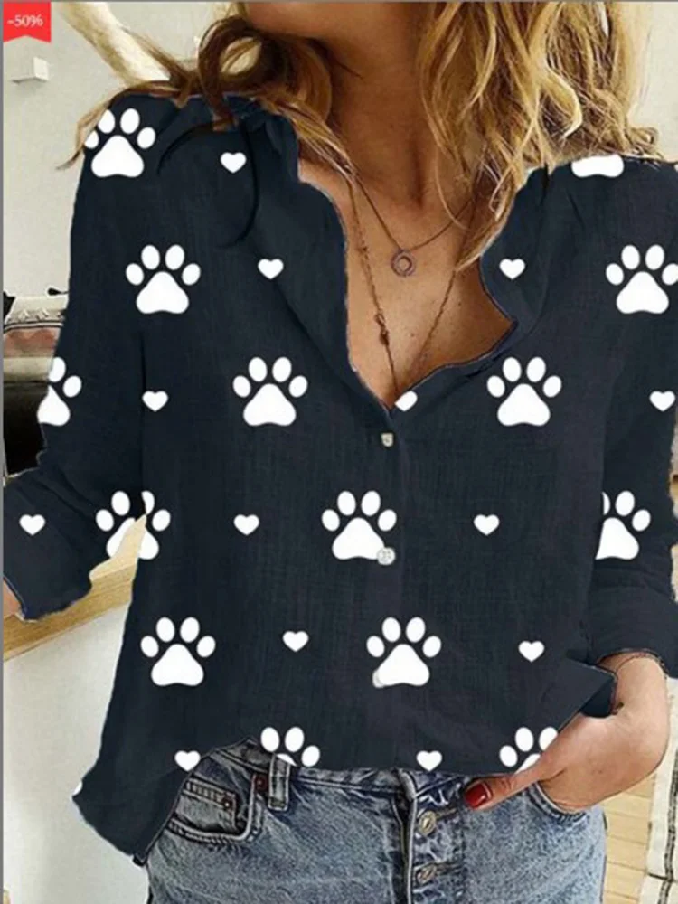 Elegant Cotton Linen Shirts Women Polka Dot Print Button Lapel Blouses Shirts Simple Commute Long Sleeve Loose Tops Tunic Blusas