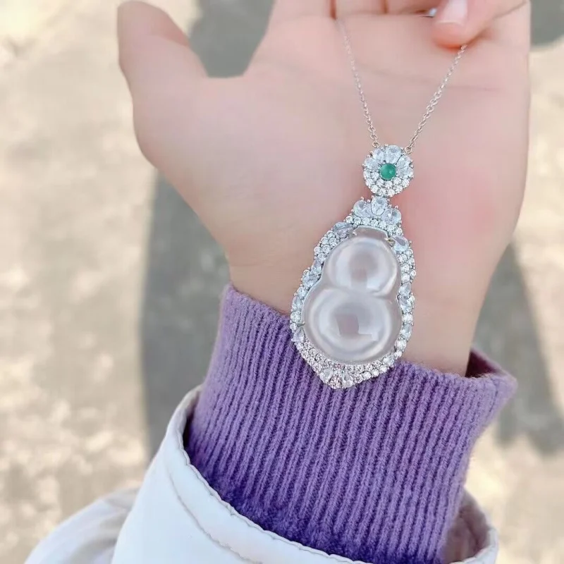 Silver-Plated Inlaid Ice White Chalcedony New Gourd Pendant White Agate Girl Jade Necklace Pendant Jewerly