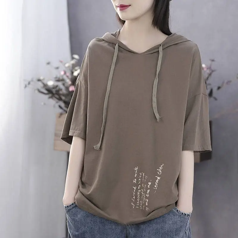 2024 New Short-sleeved T Shirts Women Hooded Printed Solid Color T-shirt Korean Style Fashion Loose Large Size All-match Tops