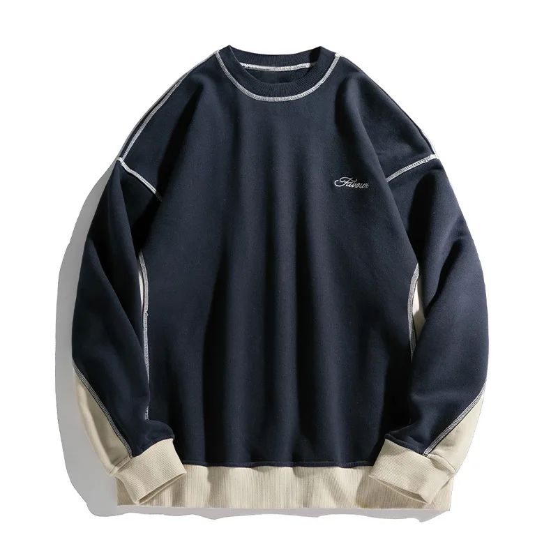 

2025 Spring New Fashion Men's Color-coded Casual Trendy Long Sleeve O-neck Heavy Duty Pullover Male Vintage Hoodies Tops Clothes