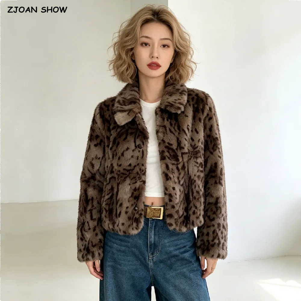 CHILL Winter Women Coffee Leopard Faux Fur Coat Lapel Collar Full Sleeve Shaggy Warm Jacket Soft Furry Loose Short Outerwear