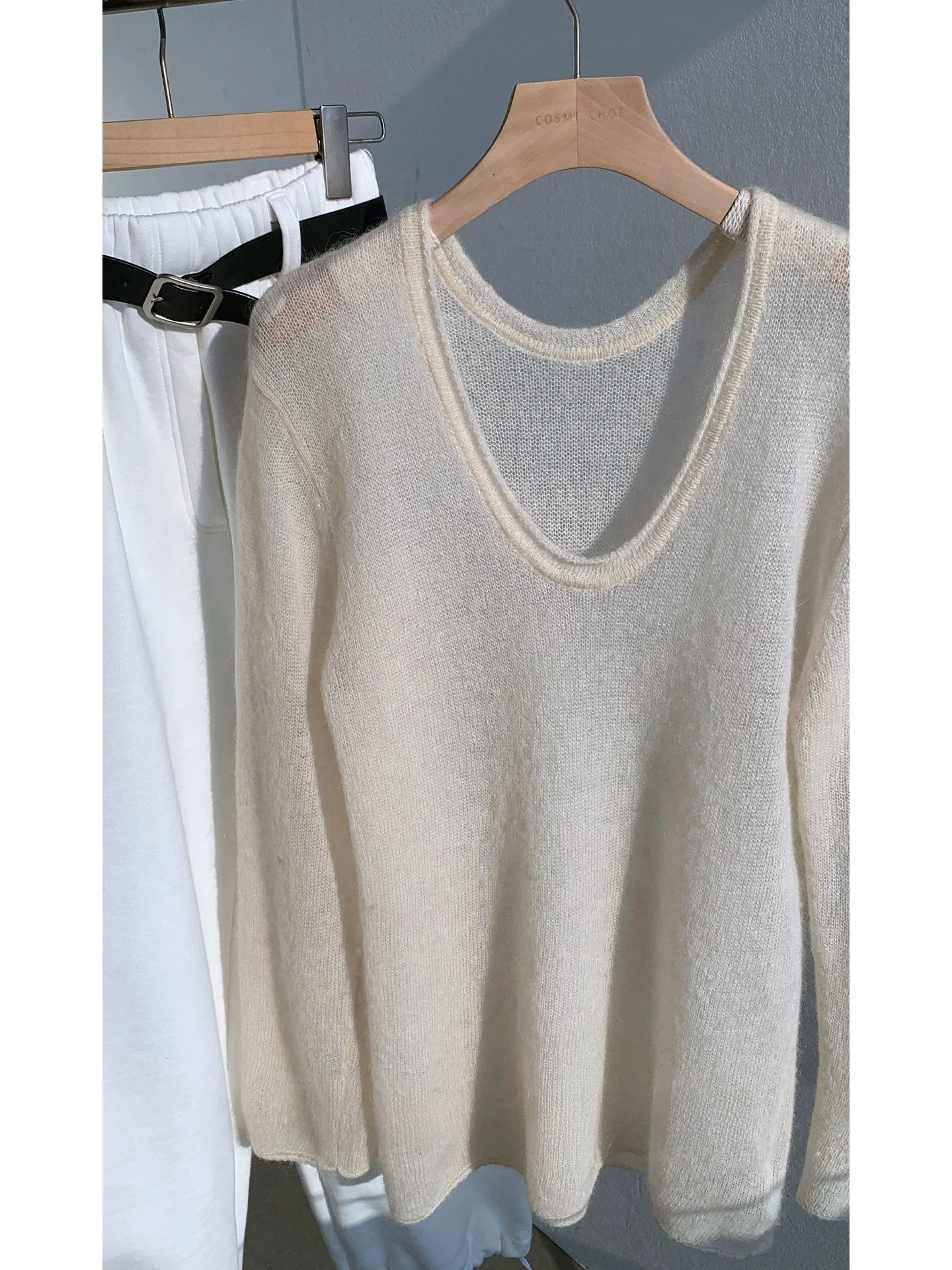 

Женская облегающая шерстяная трикотажная футболка-лонгслив свободного кроя с U-образным вырезом, тонкая, повседневная, для города, мягкая, с длинным рукавом