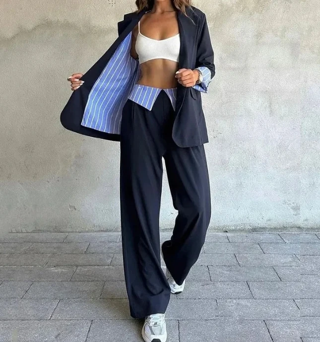 Womens Two-piece Elegant Commuting Fashion Interior Striped Print Notched Neck Long Sleeve Blazer and Contrast Paneled Pants Set