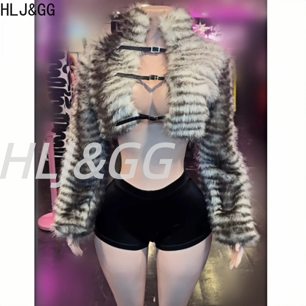 

HLJ&GG Fashion Trend Stripe Fur Two Piece Sets Women Long Sleeve Hollow Crop Top And Shorts Outfits Y2K Female 2pcs Streetwear