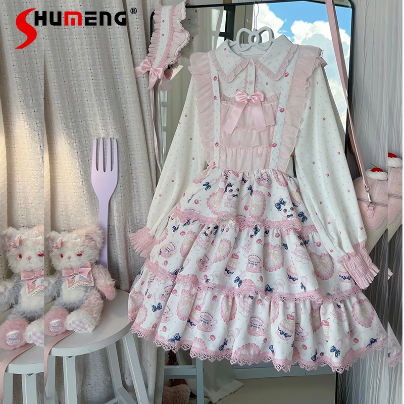 

Sweet Girl's Pink Lolita Sling Dress JSK Japanese Women Slim Fit Cute Bow Lace Print Sleeveless Mini Birthday Dress Y2K Dresses