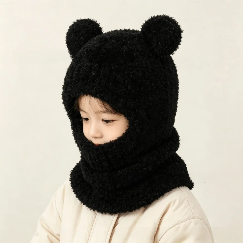Bear Scarf Mask Integrated Hat Warm Lining Cartoon Children Windproof Hooded Hat Face Guard Plush Soft Kids Balaclava Hat