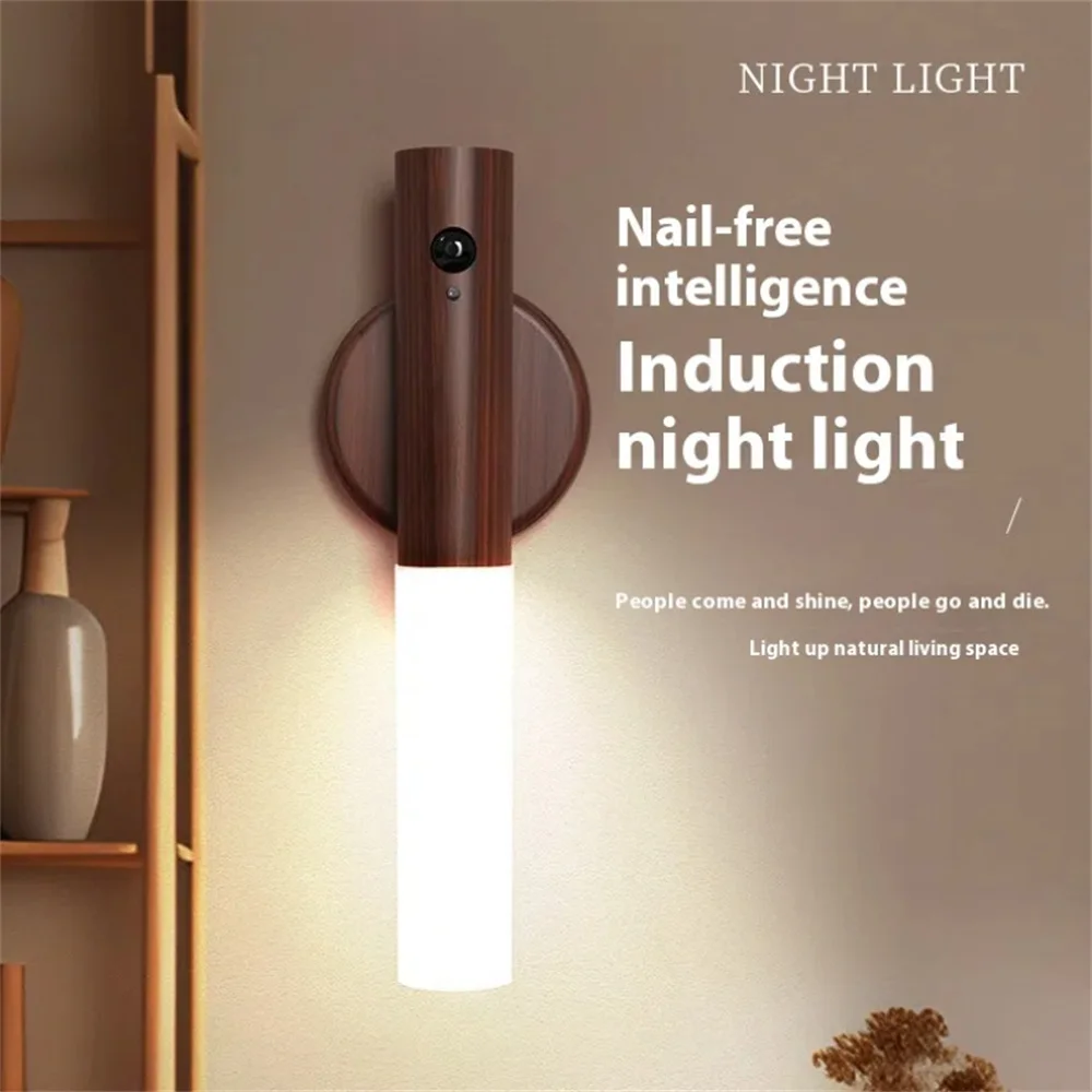 Lámpara de succión magnética de madera inteligente, luz LED nocturna con carga, escalera, pasillo, dormitorio, atmósfera, luz con detección de cuerpo humano