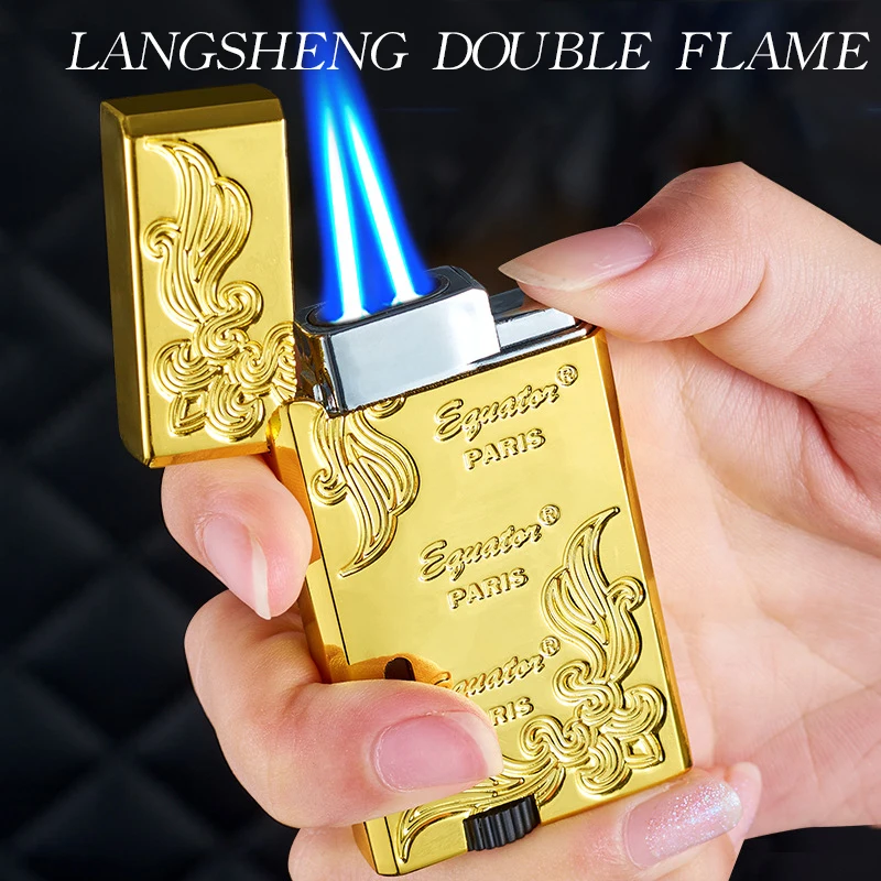 Metal Langsheng Lighter Double Direct Charge Inflatable Brushed Blue Flame Lighter Windproof Cigar Decay Fragrance Gift Creative