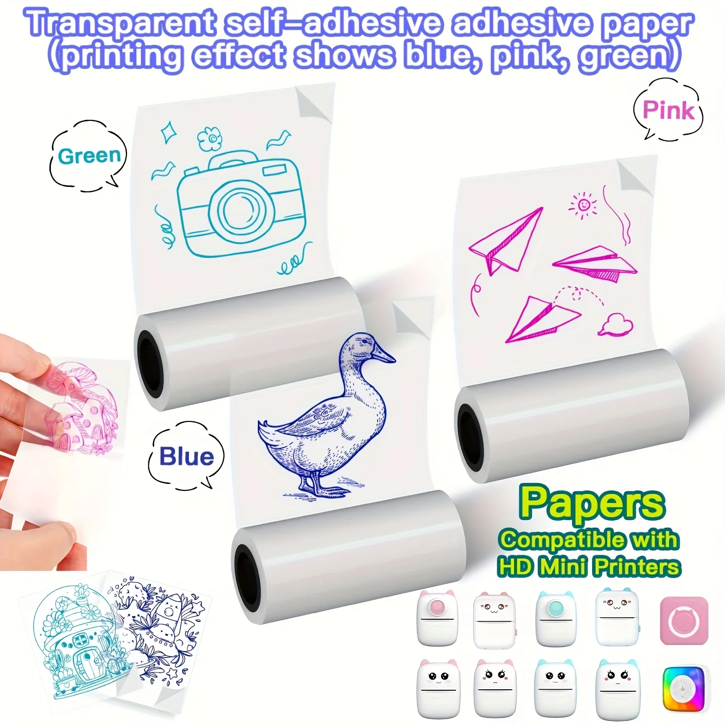 3/6 Rolls Transparent Adhesive Thermal Paper Clear Pink Blue Green Sticker Roll for Kitchen Label DIY Craft Gift Packaging