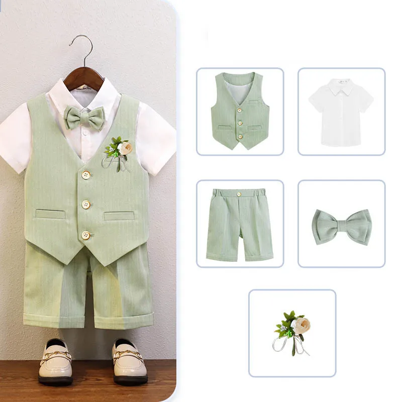 

Kids Vest Shirt Shorts Bowtie Ceremony Costume Boys Silm Fit Wedding Dress Children Summer Green Breathable Photography Suit