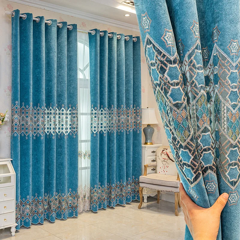 

European High-end Luxury and Atmospheric Hollow Half Blackout Chenille Window Curtains for Living Dining Room Bedroom Villa Home