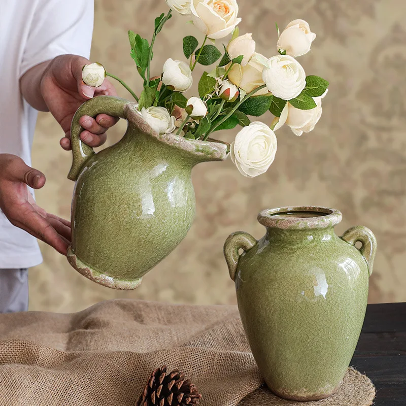 American Country Classic Crackle Glaze Ceramic Vase Dark Green Retro Hydroponic Flower Pot with Handle