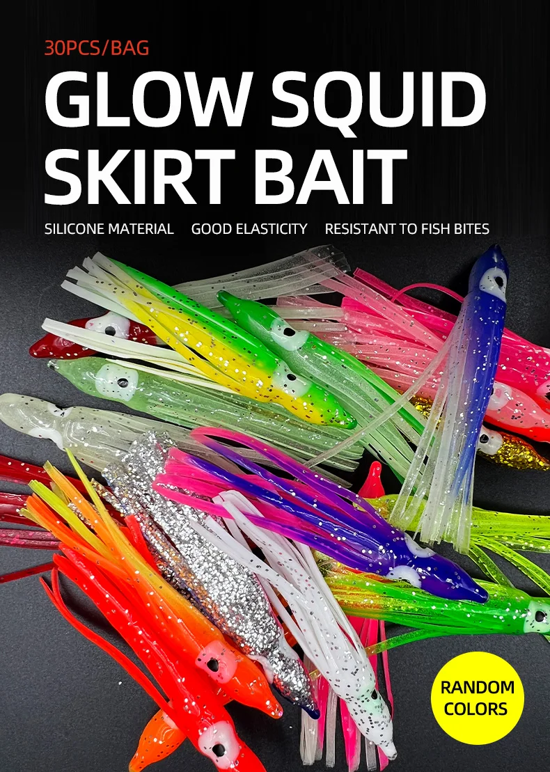 ShareShark 30 Stück/Beutel 20 Gemischte Farben Leuchtende Tintenfisch-Angelköder Weicher Gummi-Oktopus-Rockköder für Seebarsch Thunfisch Karpfen – Detail 1