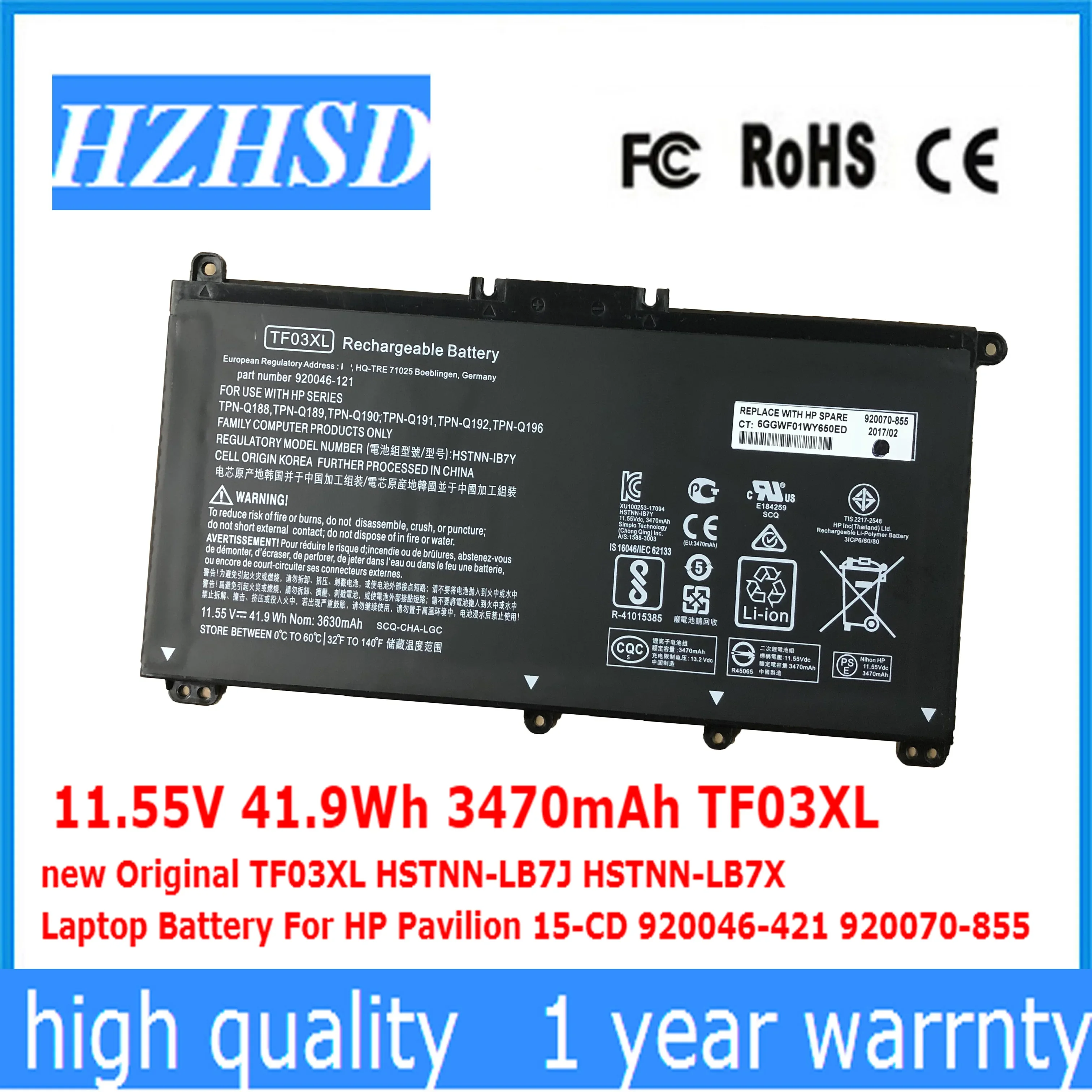 

11.55V 41.9Wh TF03XL HT03XL HSTNN-LB7J HSTNN-LB7X Laptop Battery For HP Pavilion 15-CD 920046-421 920070-855 HSTNN-LB8M TPN-Q207