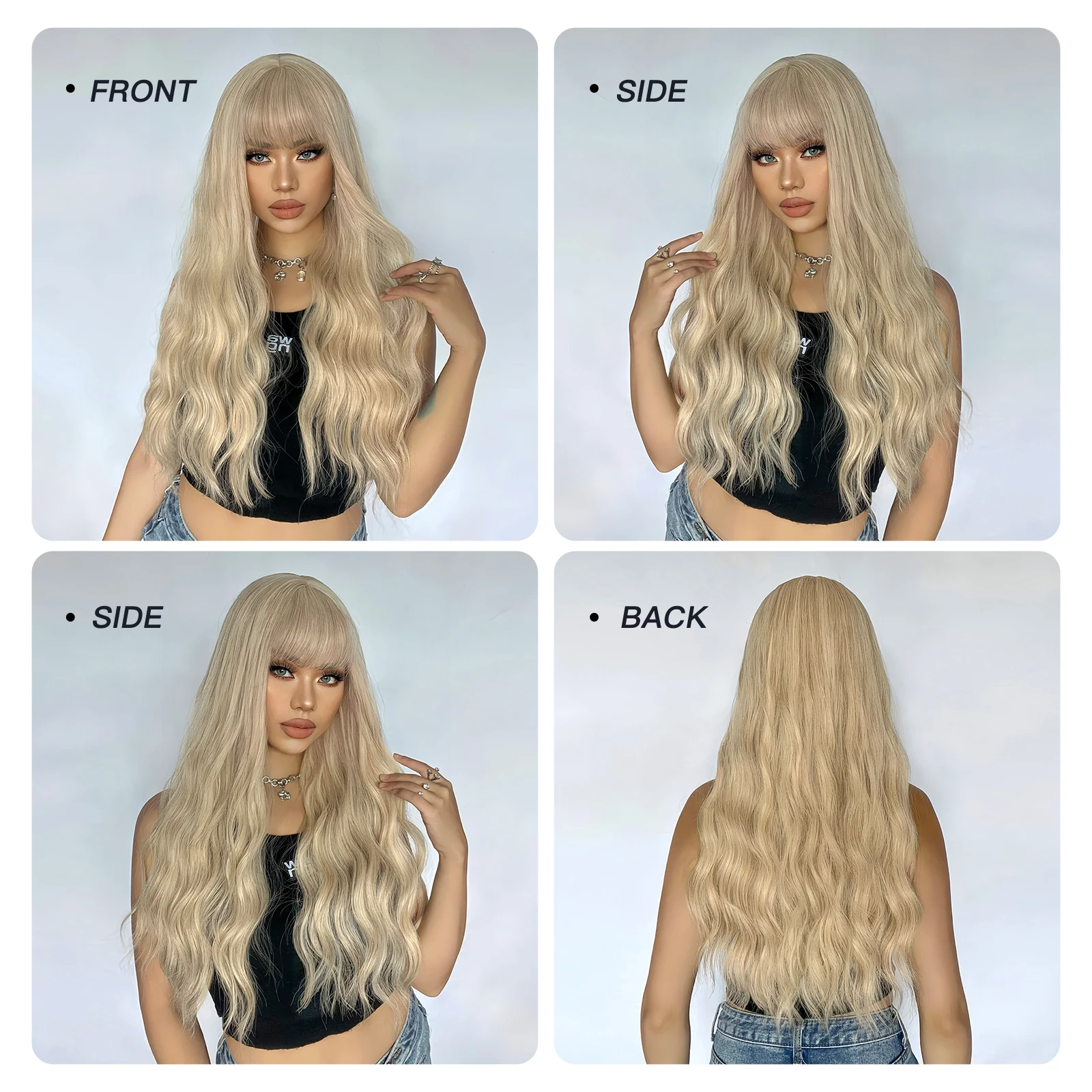 Blond długie kręcone peruki syntetyczne dla kobiet Jasnożółta peruka z naturalnymi włosami typu Body Wave do cosplay Włosy termoodporne z grzywką