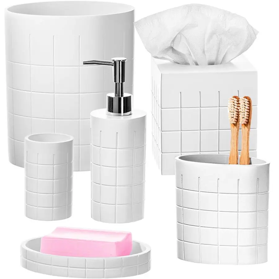 

Polar White Bathroom Accessories Set with Trash Can 6 Piece Bathroom Set Features Waste Basket, Tissue Cover, Soap Dispenser, To